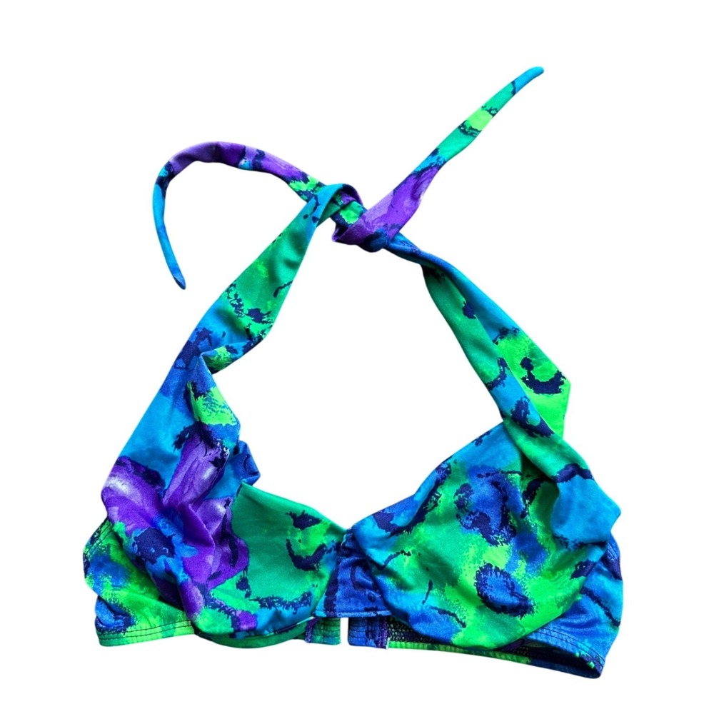 Vintage Blue Green Purple Abstract Watercolor Halter Underwire Bikini Top 11/12
